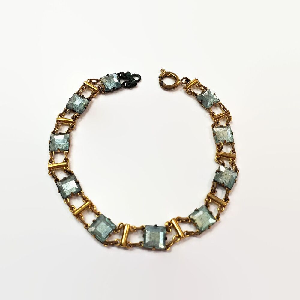 Vintage Pale Blue Foil Backed Square Glass Stone Bracelet